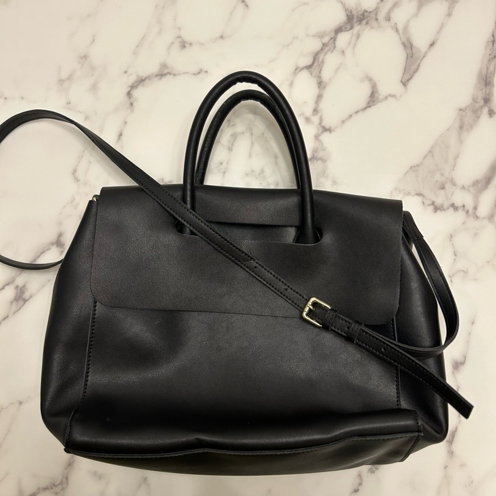 Black leather work bag with removable inner bag
